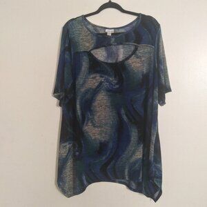 Avenue Women's Short Sleeve Plus Size Blue Abstract Cutout Tunic Top Size 22/24